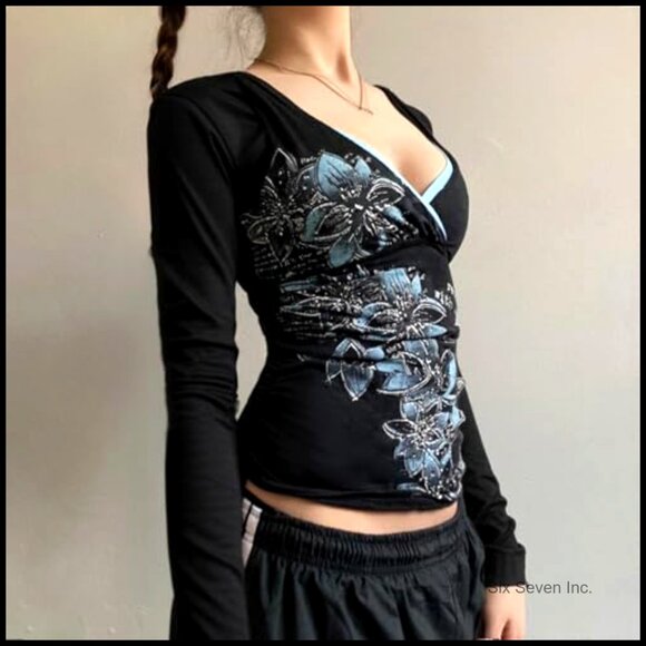 Y2K V Neck Floral Long Sleeve Top Fairy Grunge Vintage Emo Graphic Tee - Picture 3 of 6